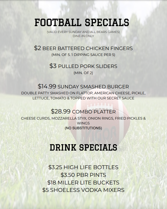 Football season food and drink specials and Shoeless Joes