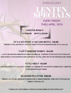Lenten Specials at Shoeless Joe's in Schiller Park, Illinois